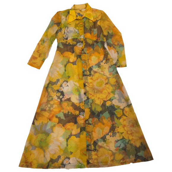70s VTG Yellow Floral Maxi Dress + Sheer Coat Set Boho Cottagecore Festival Gown - Picture 9 of 15